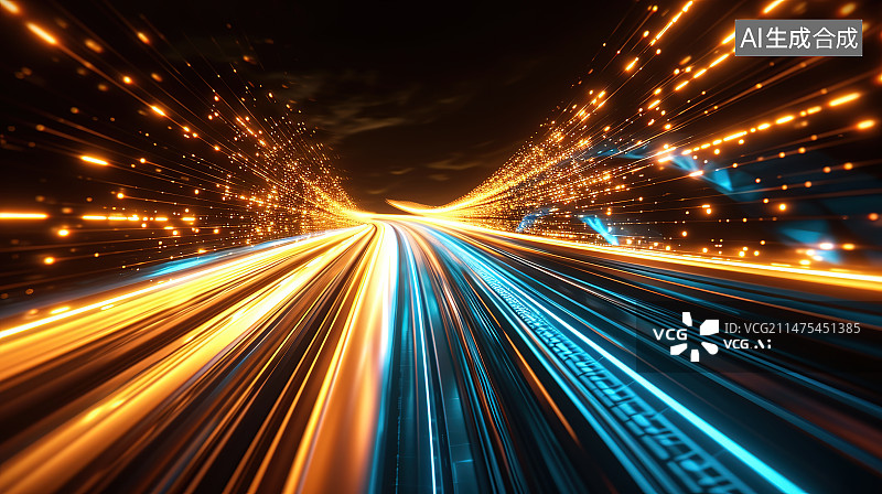 【AI数字艺术】夜间高速公路灯光小道的高角度观察图片素材