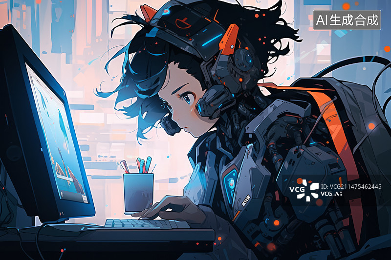 【AI数字艺术】未来风格人工智能机器少女在看着显示器图片素材