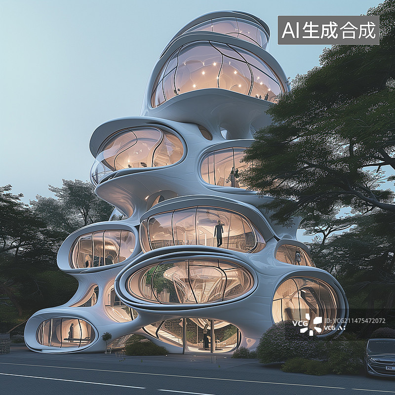 【AI数字艺术】插图，插画，海报，模板，元素，风景，自然界，建筑，树，树屋，未来，曲线，抽象，效果图，摄影效果，3D图片素材