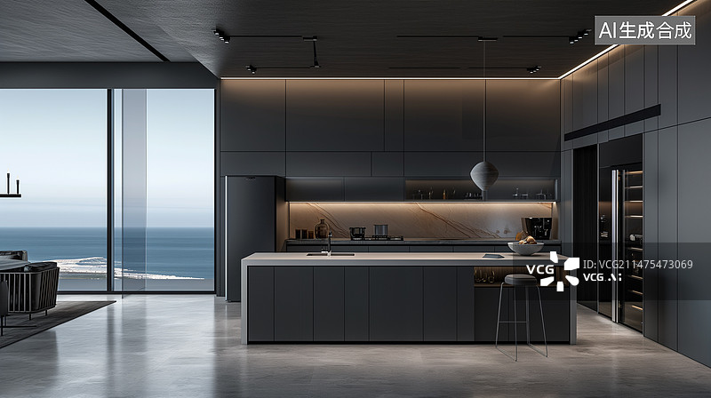 【AI数字艺术】插图，插画，海报，模板，元素，室内设计，空间设计，厨房，开放式厨房，效果图，极简风格，海边，落地窗，图片素材