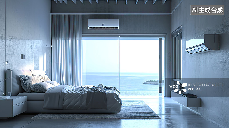 【AI数字艺术】意式灰色极简风格开放式卧室空调挂机落地窗大海图片素材