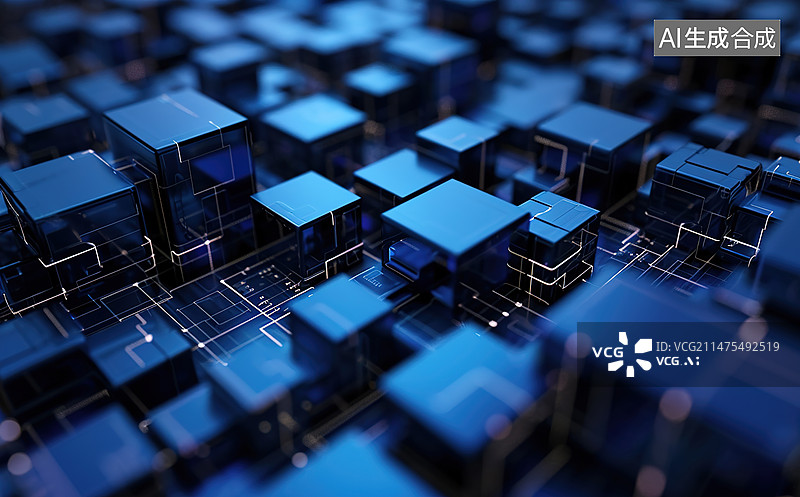 【AI数字艺术】3D蓝色立方体发光创意抽象背景图片素材