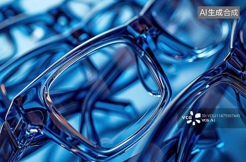 【AI数字艺术】蓝色背景下的眼镜特写镜头图片素材