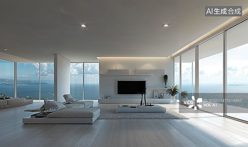 【AI数字艺术】可以看到无敌海景的白色极简风格客厅图片素材