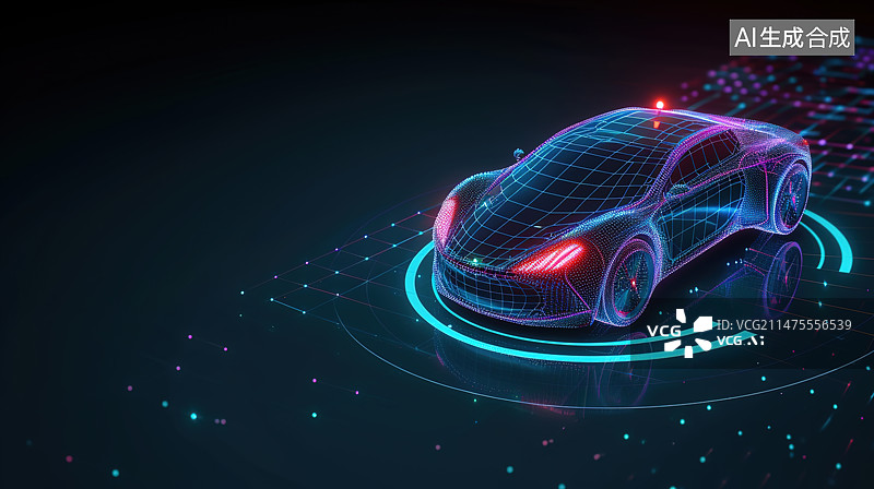 【AI数字艺术】汽车矢量线框概念。星空或空间形式的汽车抽象图像。高速概念。多边形线框网状艺术图片素材