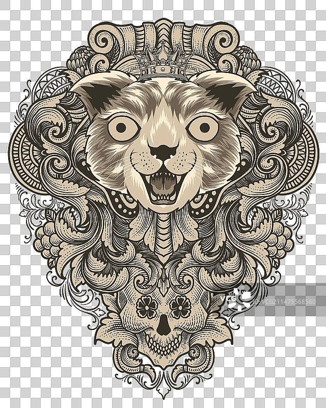 带有古典雕刻装饰的猫头图片素材