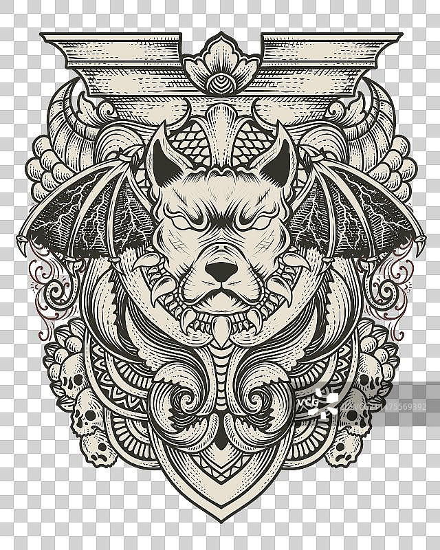 带有古董雕刻装饰的恶魔犬图片素材