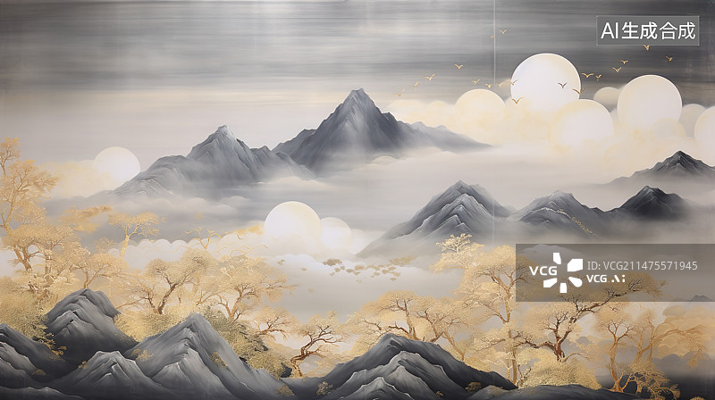 【AI数字艺术】新中式国潮山水纹理插画图片素材