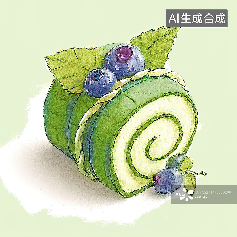 【AI数字艺术】水果瑞士卷，圆形海绵蛋糕，果酱卷香草饼干片，瑞士甜点，原木蛋糕插画图片素材