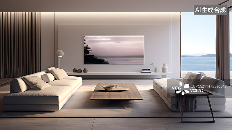 【AI数字艺术】极简风格客厅电视图片素材