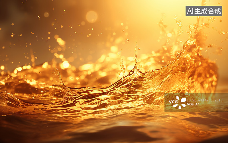 【AI数字艺术】金色波浪抽象或自然波纹水纹理背景阳光中的水波。模糊的透明金色透明平静的水面纹理，带有飞溅和气泡。图片素材