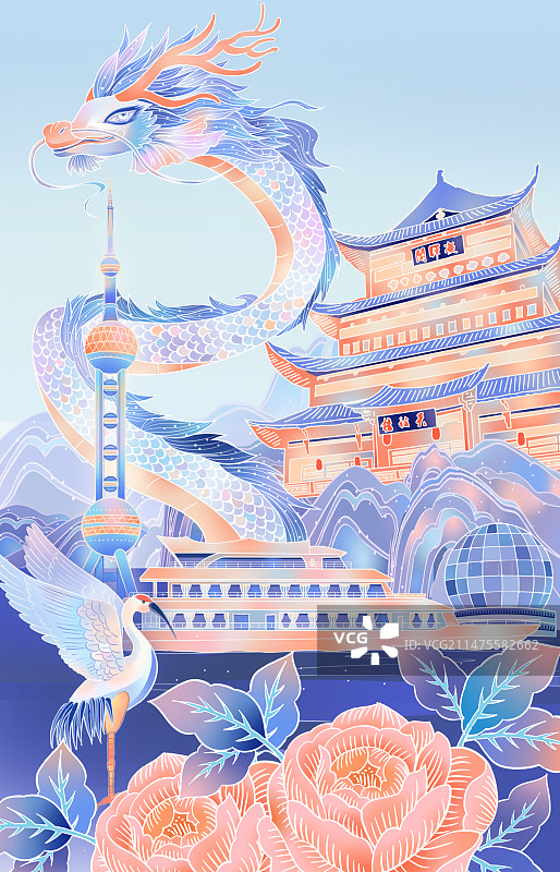 上海主题插画竖版龙主题图片素材