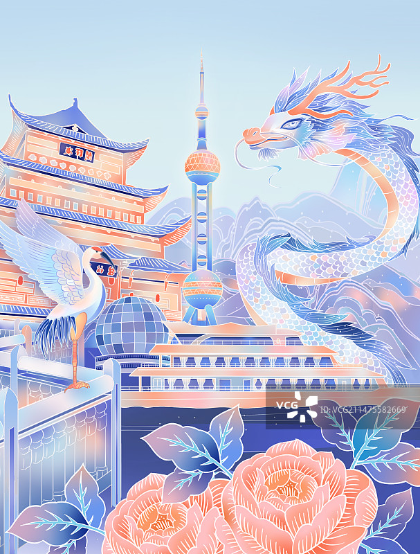 上海主题插画城隍庙豫园横版图片素材