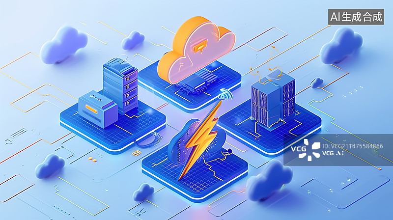 【AI数字艺术】云计算概念。与公司计算机网络进行远程云数据存储通信。云服务。在互联网上下载、上传数据。智慧城市上的数图片素材