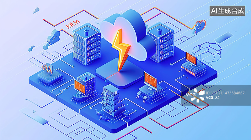 【AI数字艺术】云计算概念。与公司计算机网络进行远程云数据存储通信。云服务。在互联网上下载、上传数据。智慧城市上的数图片素材