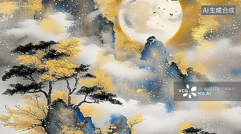 【AI数字艺术】中秋节节日山水金色纹理背景图片素材