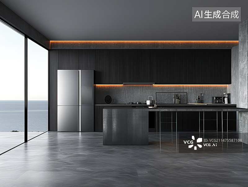 【AI数字艺术】灰色极简风的开放式厨房图片素材