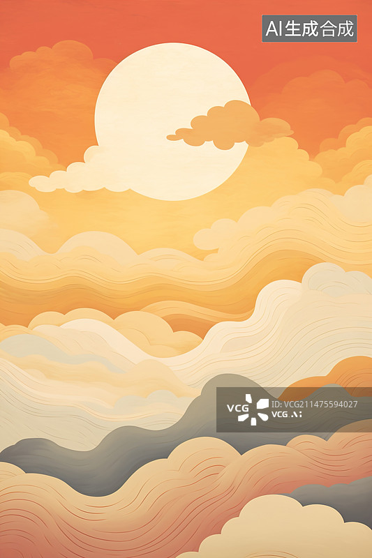 【AI数字艺术】中国风月亮祥云插画背景图片素材