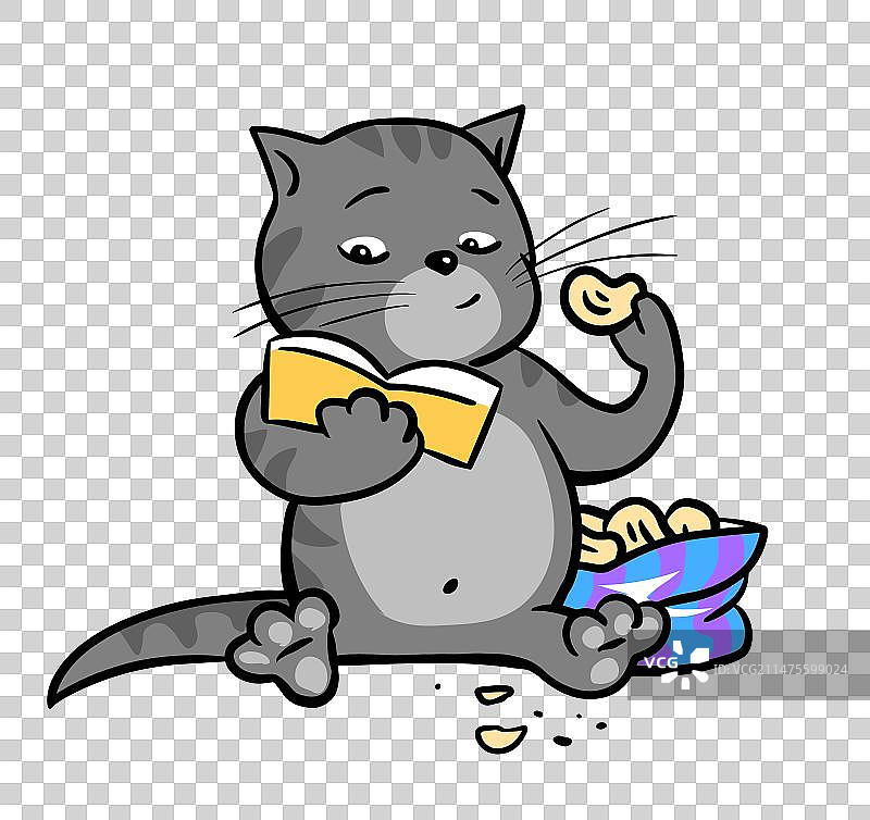 虎斑猫读书吃薯片图片素材