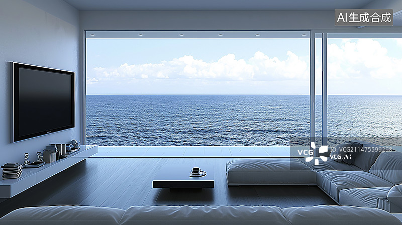 【AI数字艺术】开放式客厅，大电视，科技质感，电视墙，窗外是广阔海边图片素材