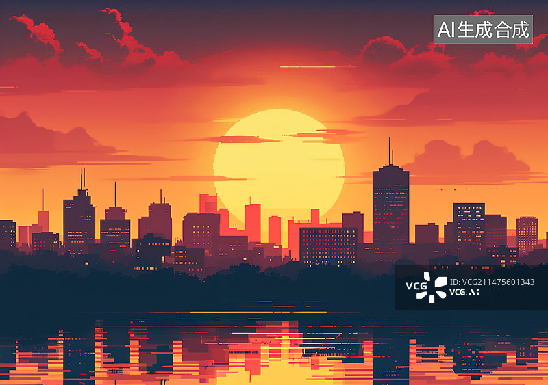 【AI数字艺术】落日下的城市夜景插画图片素材