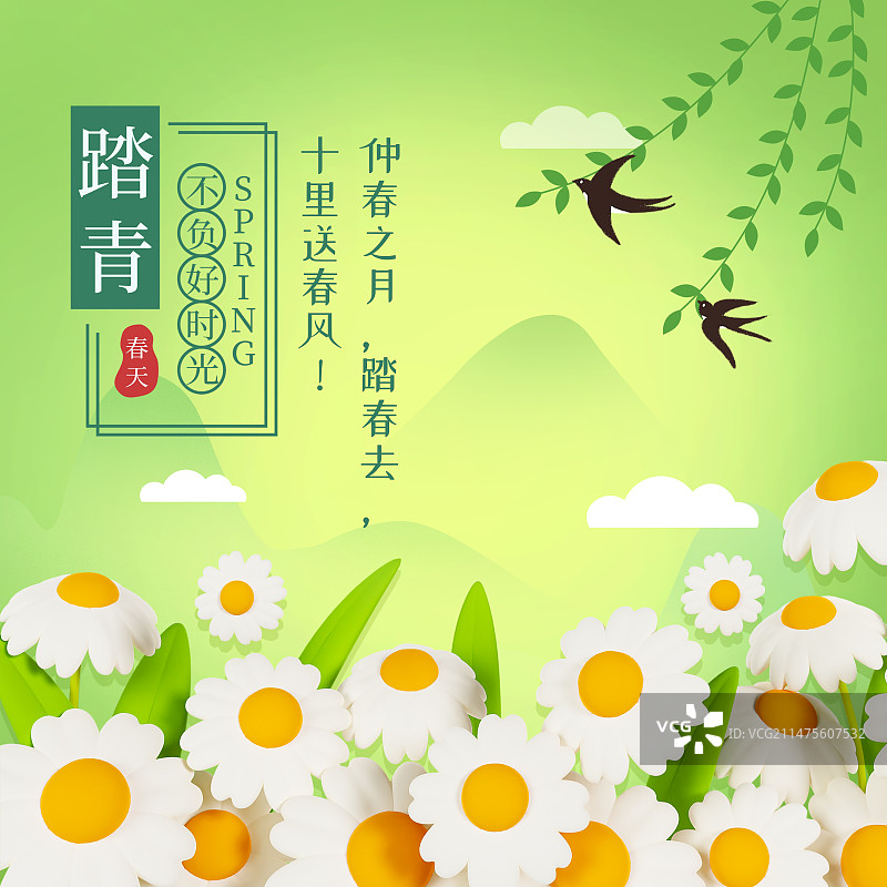 3D渲染的雏菊春天绿色海报春分节气踏春郊游海报模板图片素材