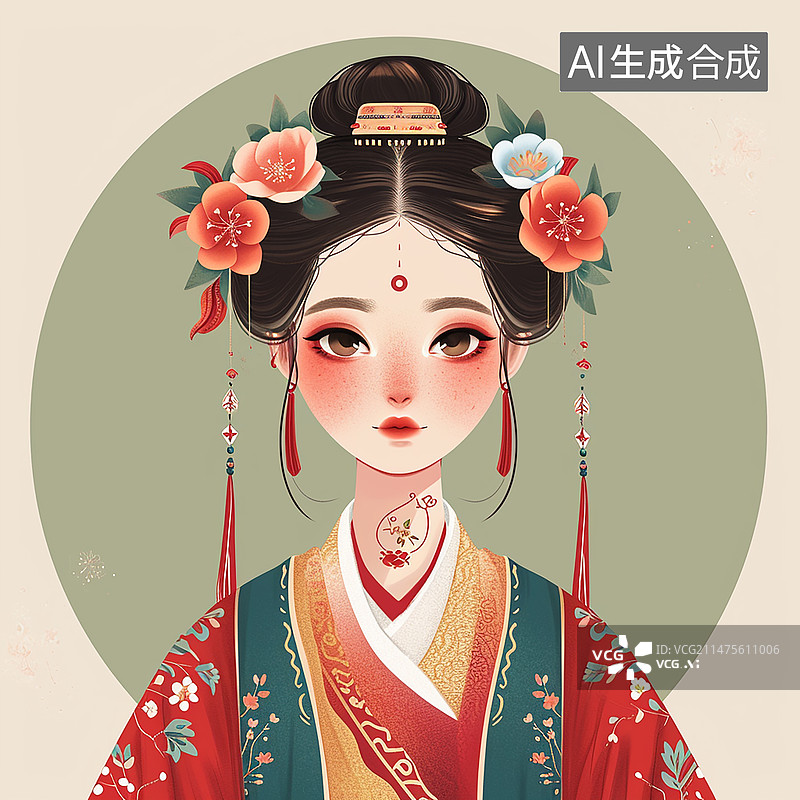 【AI数字艺术】穿着中国古装的女孩半身像插画图片素材