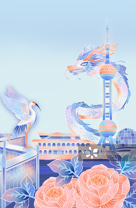 上海主题插画竖版龙东方明珠图片素材