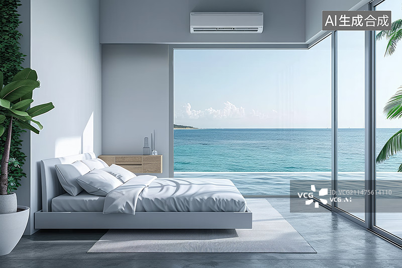 【AI数字艺术】灰色极简风格海景房卧室有空调图片素材