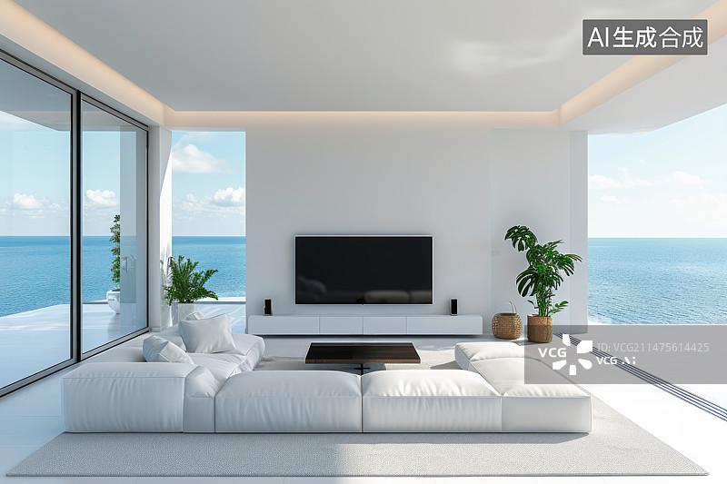 【AI数字艺术】灰色极简海景房客厅电视图片素材