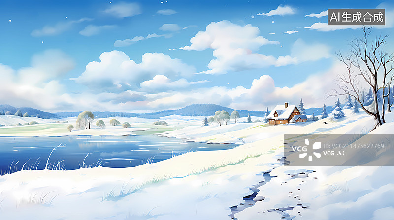【AI数字艺术】湖边被厚厚的雪覆盖的小屋和雪中几棵绿草的特写图片素材