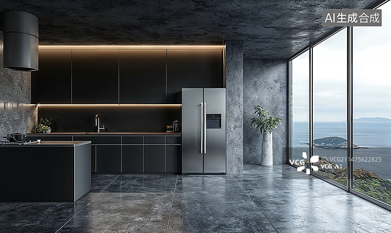 【AI数字艺术】可以可以看到无敌海景的灰色极简风格的开放式厨房图片素材