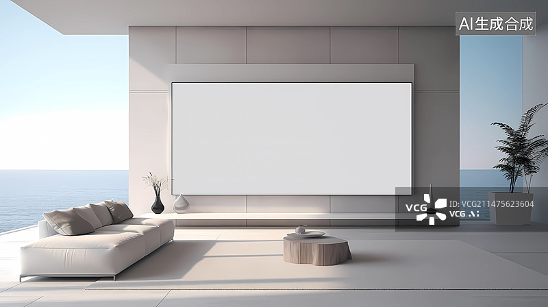 【AI数字艺术】白色极简风格，开放式宽敞豪华的客厅图片素材
