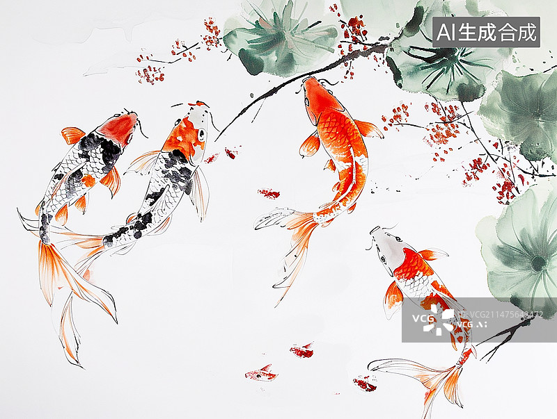 【AI数字艺术】国潮风水墨古典鲤鱼大场景插画图片素材