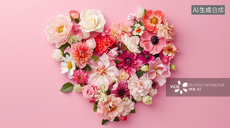 【AI数字艺术】红色和粉色花朵制成的心形花环插图，情人节爱心花环概念插图图片素材