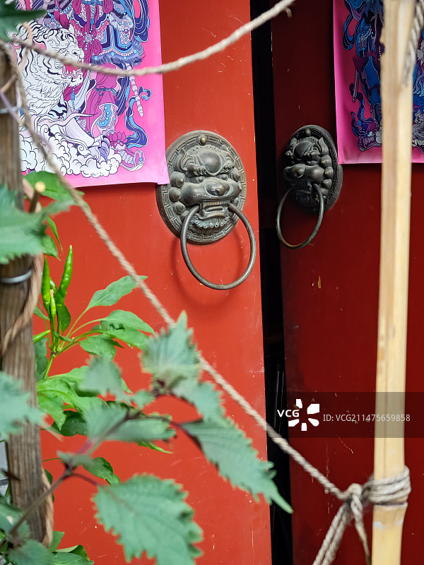 北京西单胡同街头，阳光下四合院民居建筑的红色大门和兽首门环、金属门锁门神以及绿叶。图片素材