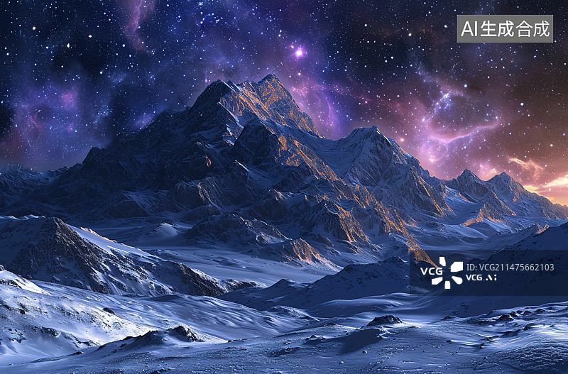 【AI数字艺术】夜幕下白雪皑皑的山景图片素材