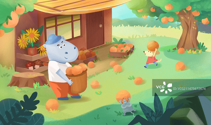 河马先生果园的果子熟了老鼠朋友帮他摘果子儿童插画图片素材