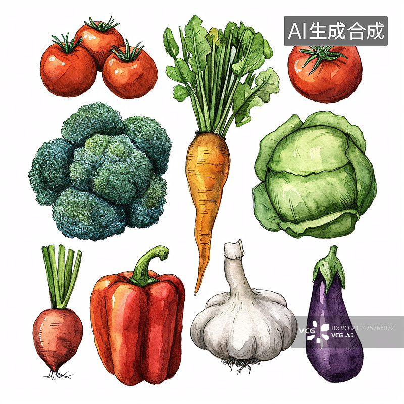 【AI数字艺术】水彩写实风格蔬菜组合图片素材