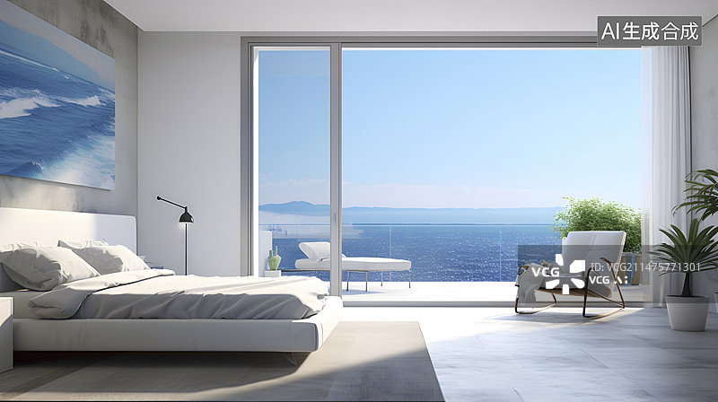 【AI数字艺术】海景房卧室样板间设计图片素材