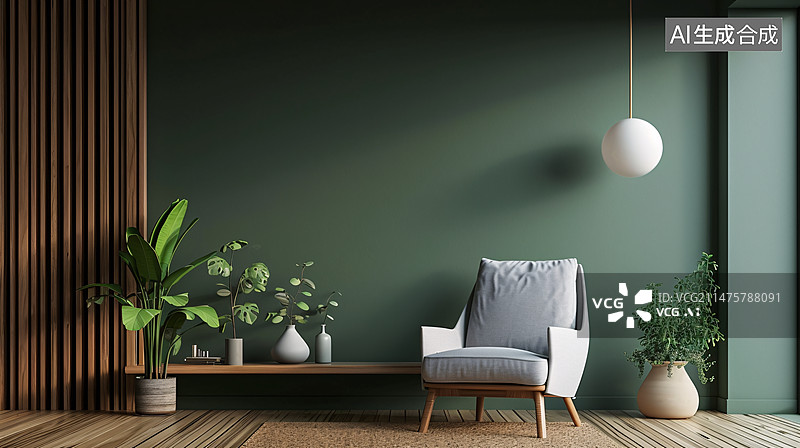 【AI数字艺术】时尚现代客厅在深绿色墙壁背景上有一把扶手椅，3D渲染概念插图图片素材