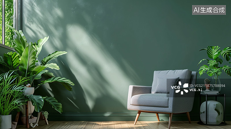 【AI数字艺术】时尚现代客厅在深绿色墙壁背景上有一把扶手椅，3D渲染概念插图图片素材