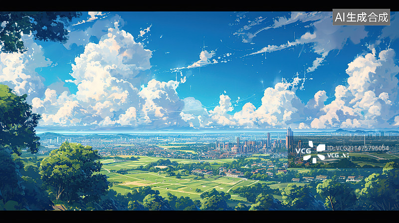 【AI数字艺术】天空映衬下的城市全景图片素材