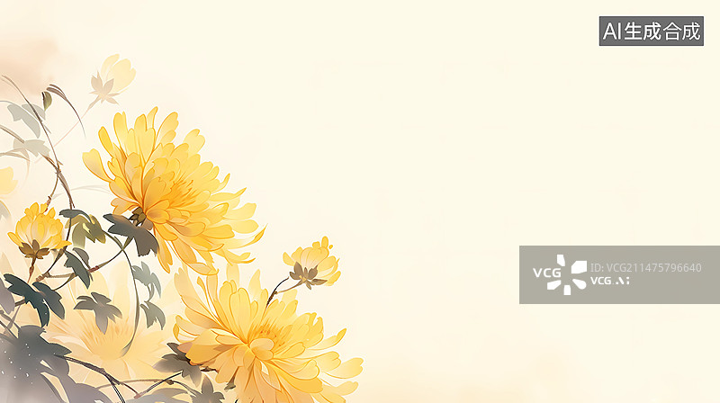 【AI数字艺术】唯美中国国画风格，黄色菊花特写,简洁，背景干净，留白图片素材