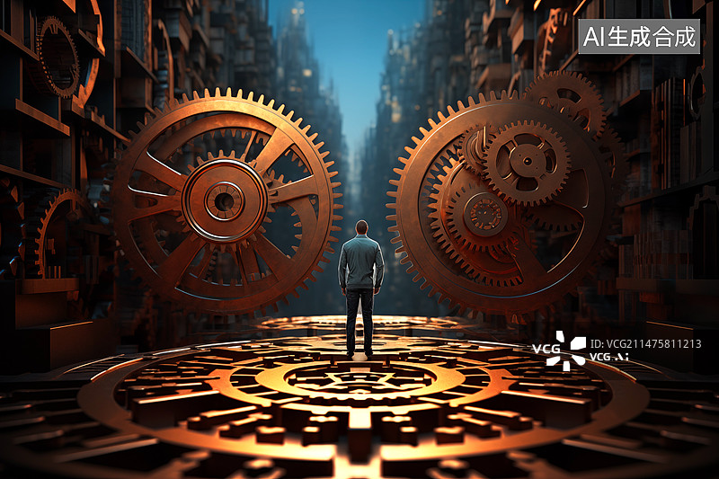 【AI数字艺术】站在齿轮旁的人的后视图图片素材