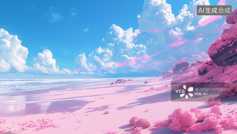 【AI数字艺术】粉色梦幻沙滩场景插图，夏天休闲度假梦幻天堂概念背景图片素材