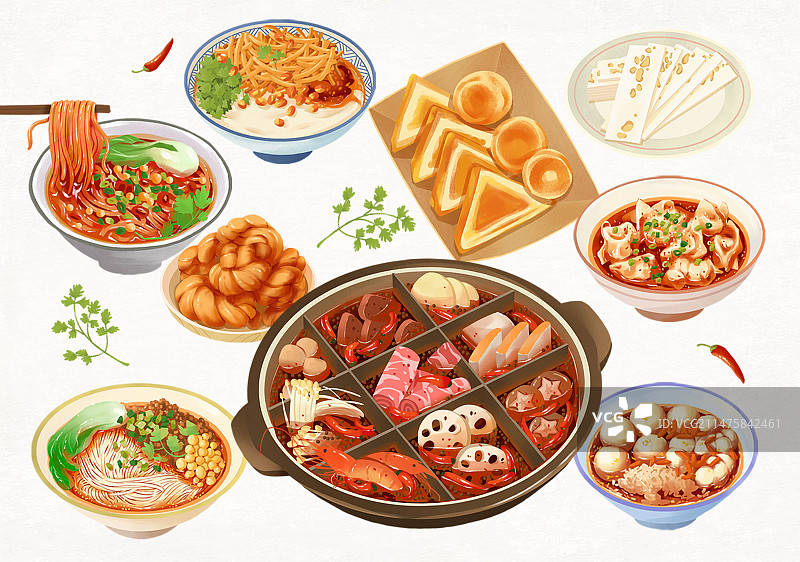 重庆美食火锅酸辣粉红油抄手饺子小面熨斗糕桃片汤圆图片素材
