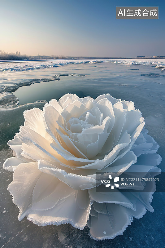 【AI数字艺术】冬季冰冻湖面上的白玫瑰图片素材