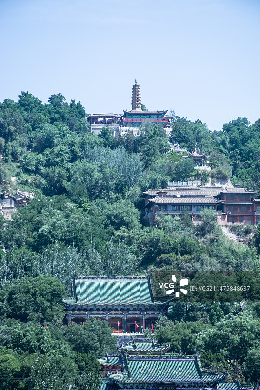 中国甘肃兰州夏天的白塔山森林公园黄河城市风光图片素材