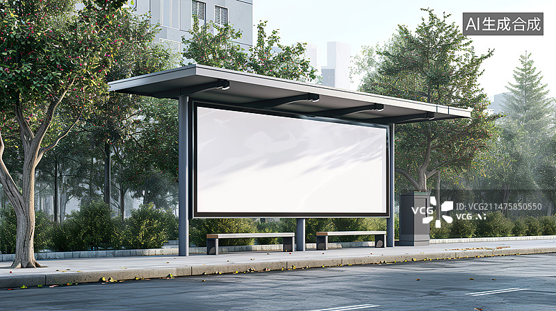 【AI数字艺术】公交站台候车亭白色空白灯箱广告牌图片素材